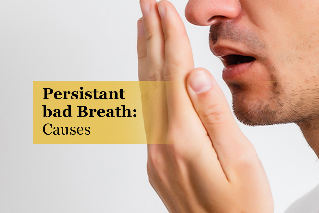 Man cupping a hand in front of his mouth to check his breath, under the title Persistent Bad Breath: Causes