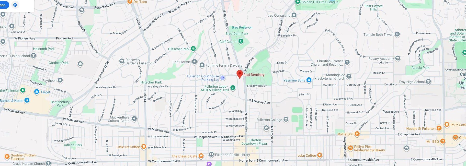 Map showing Real Dentistry at 1235 N Harbor Blvd #100, Fullerton, CA 92832