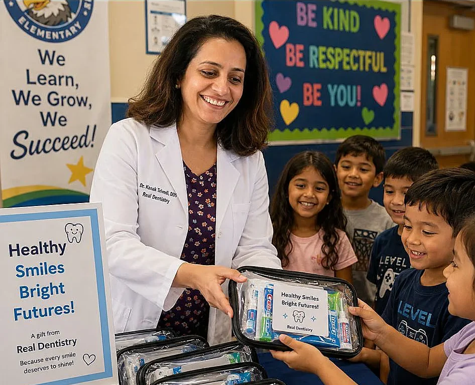 Dr. Kanak Trivedi handing Healthy Smiles kits to elementary school students